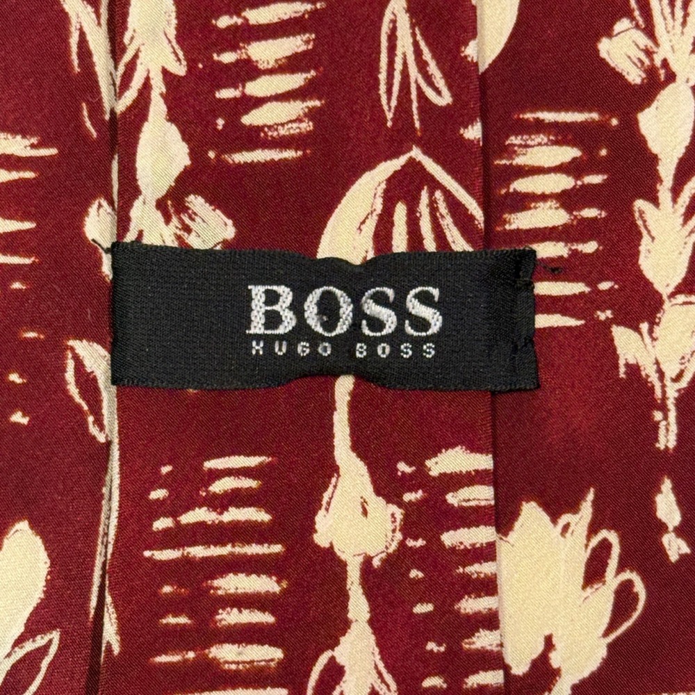 Mens Tie | Hugo Boss | Burgundy Red Cream Floral Silk Made in Italy 1140